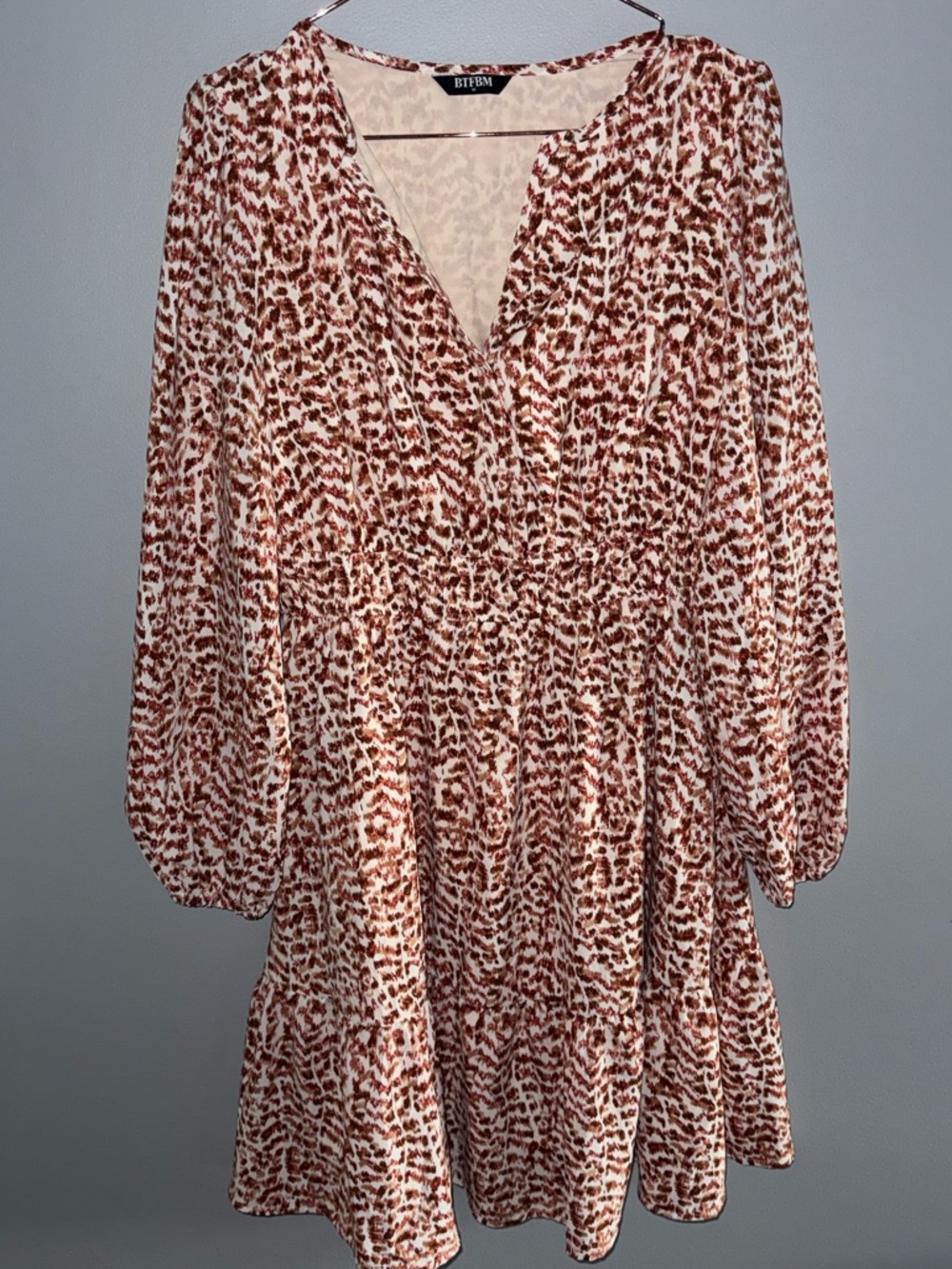 BTFBM Rust & White Printed V-Neck Mini Dress